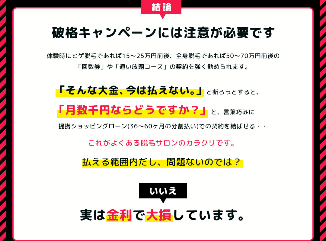 結論 破格キャンペーンには注意が必要です 体験時にヒゲ脱毛であれば15~25万円前後、全身脱毛であれば50~70万円前後の「回数券」や「通い放題コース」の契約を強く勧められます。「そんな大金、今は払えない。」と断ろうとすると、「月数千円ならどうですか?」 と、言葉巧みに提携ショッピングローン(36~60ヶ月の分割払い)での契約を結ばせる、これがよくある脱毛サロンのカラクリです。 払える範囲内だし、問題ないのでは?いいえ、 実は金利で大損しています。